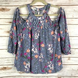 Multi color, floral print w/stripes, open shoulder, halter, Maurices top Sz XL